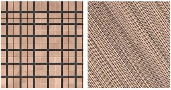 Comparison of traditional square trench cell layout versus modern Micro-Pattern Trench (MPT) stripe architecture on a silicon wafer.