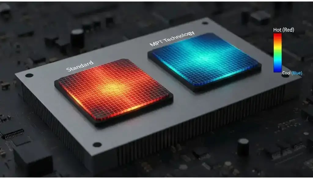Thermal simulation heatmap comparing a cooler MPT-based IGBT chip against a hotter standard trench IGBT under load.