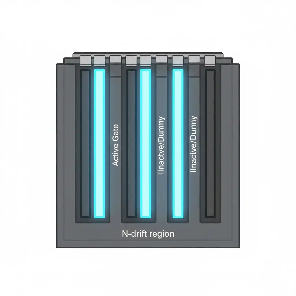 Cross-section view of MPT silicon structure showing active gate trenches interspersed with emitter-connected dummy trenches