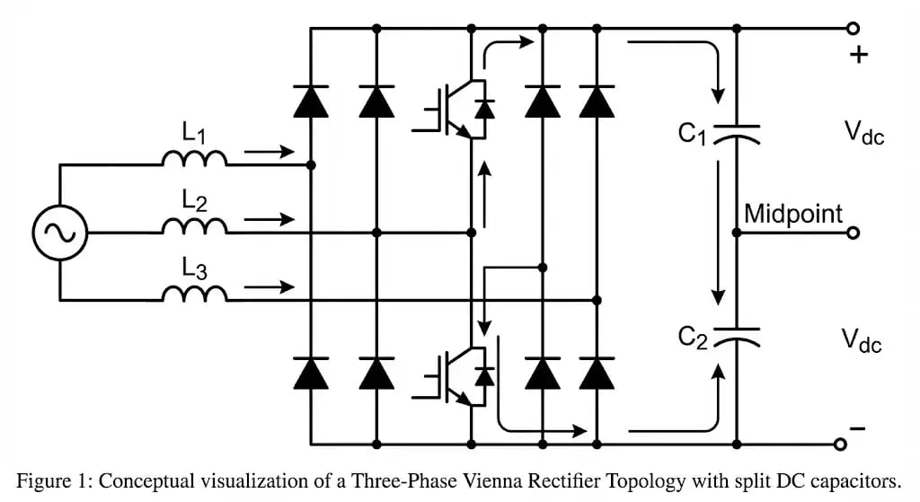 3D Circuit visualization of a Vienna Rectifier topology showing three-phase input and split DC link