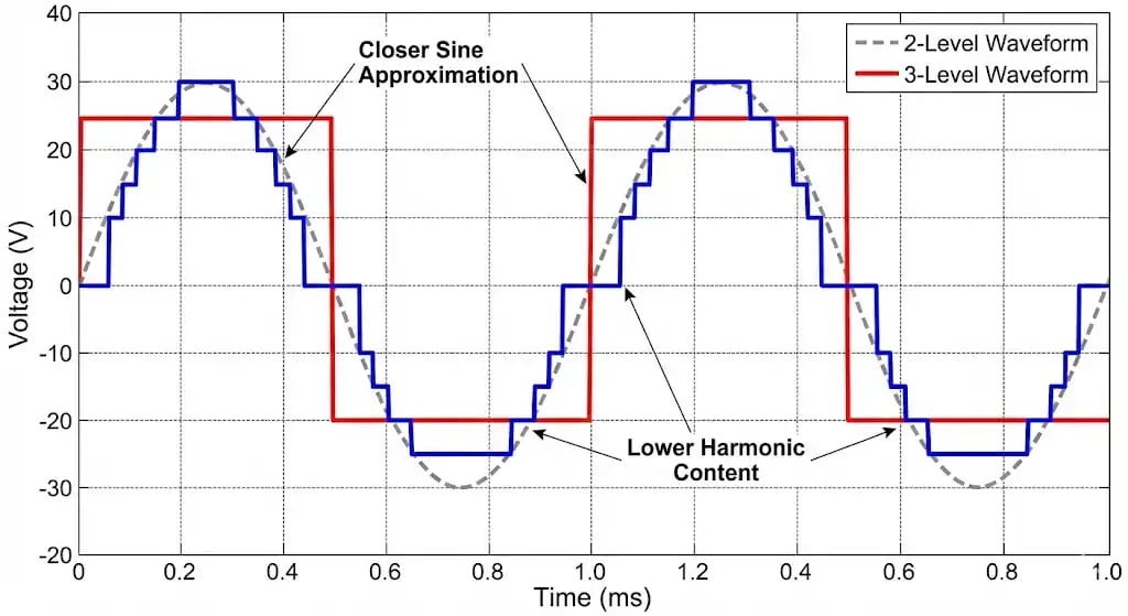 Graph showing 3-level voltage waveforms vs 2-level waveforms