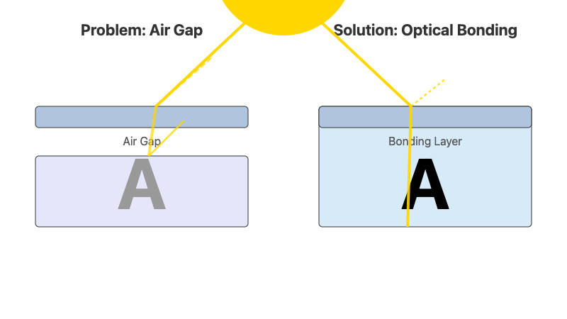 A diagram comparing a display with an Air Gap vs. an Optically Bonded display for sunlight readability.