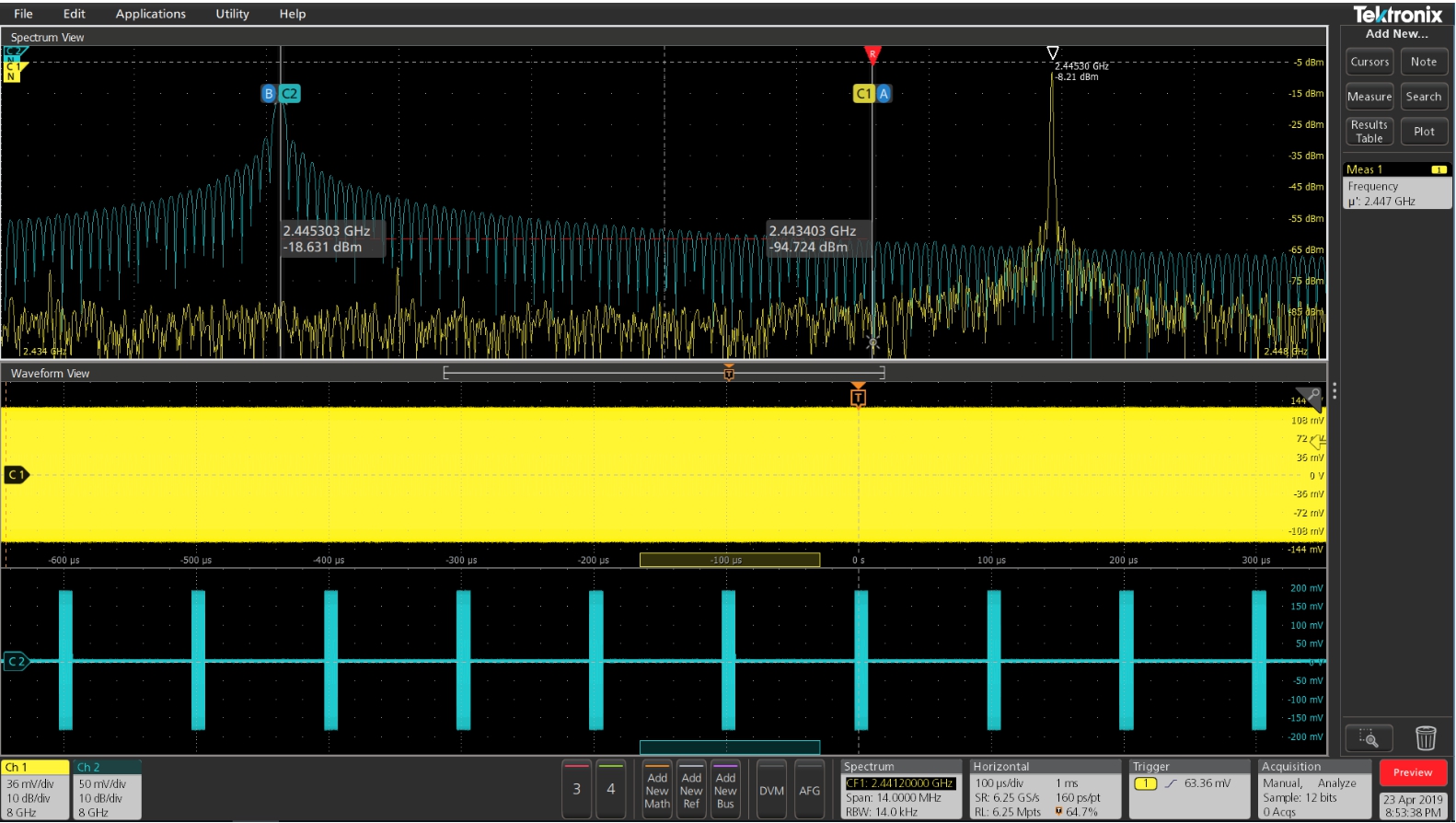 The frequency domain analysis tool on the oscilloscope, Spectrum View test analysis