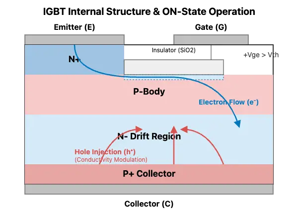 Cross-section of an IGBT showing the MOSFET input creating an electron channel, and the subsequent injection of holes (conductivity modulation) that lowers on-state resistance.
