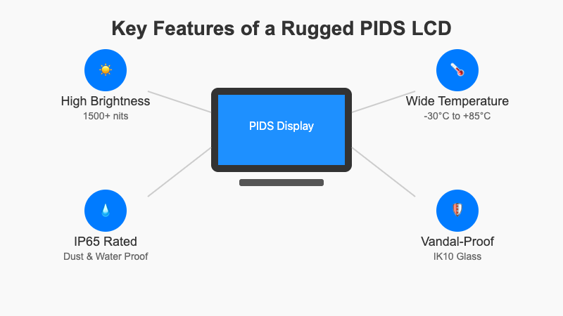 Infographic showcasing key features of a rugged PIDS LCD
