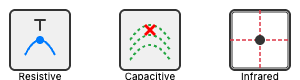 Three icons representing Resistive, Capacitive, and Infrared touch technologies
