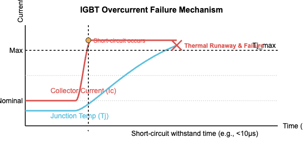 Diagram illustrating an IGBT overcurrent event leading to thermal runaway