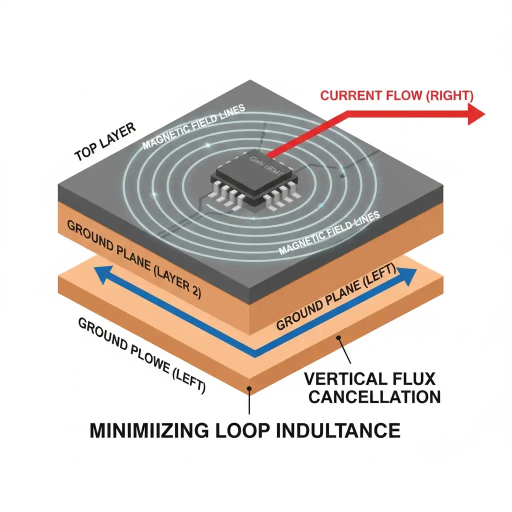 PCB cross-section showing vertical flux cancellation for low inductance GaN layout