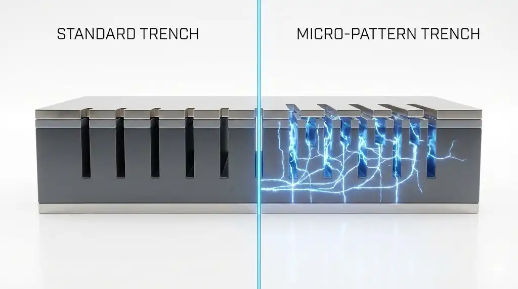 Cross-section comparison of Standard Trench vs. Micro-Pattern Trench (MPT) structure in IGBTs.