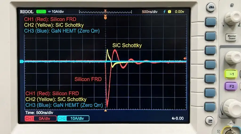 Oscilloscope waveform comparison of reverse recovery current for Si, SiC