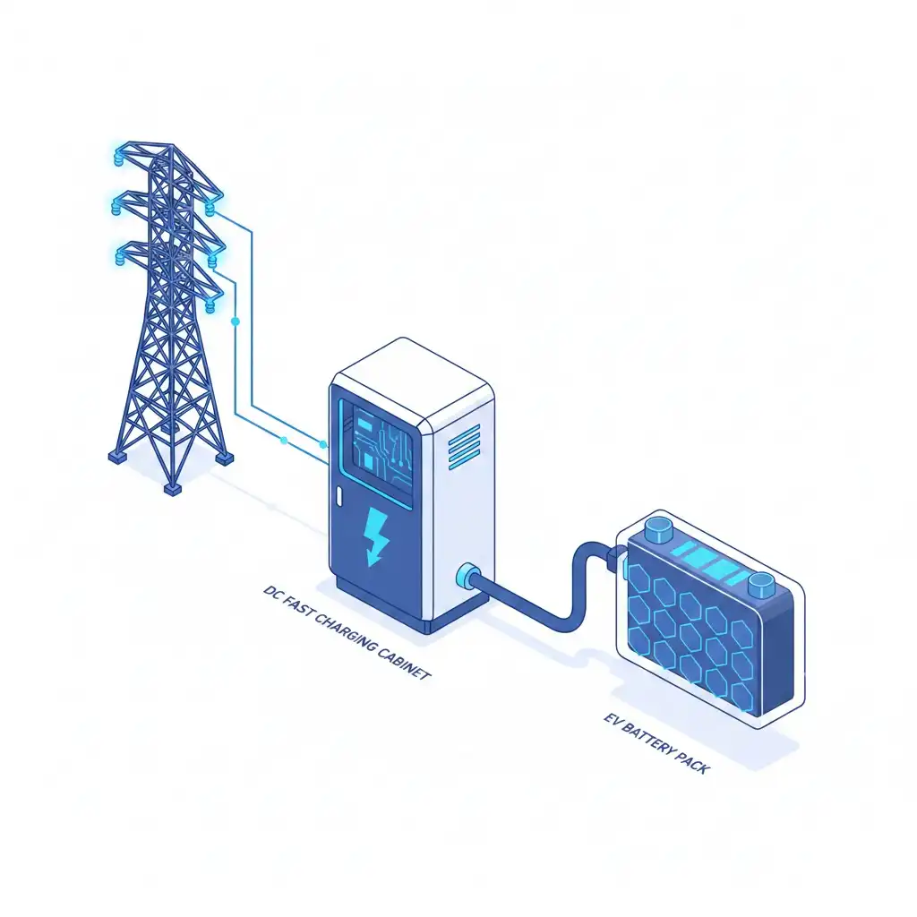 3D isometric concept showing the power flow from the AC utility grid through a DC fast charger to an electric vehicle battery pack