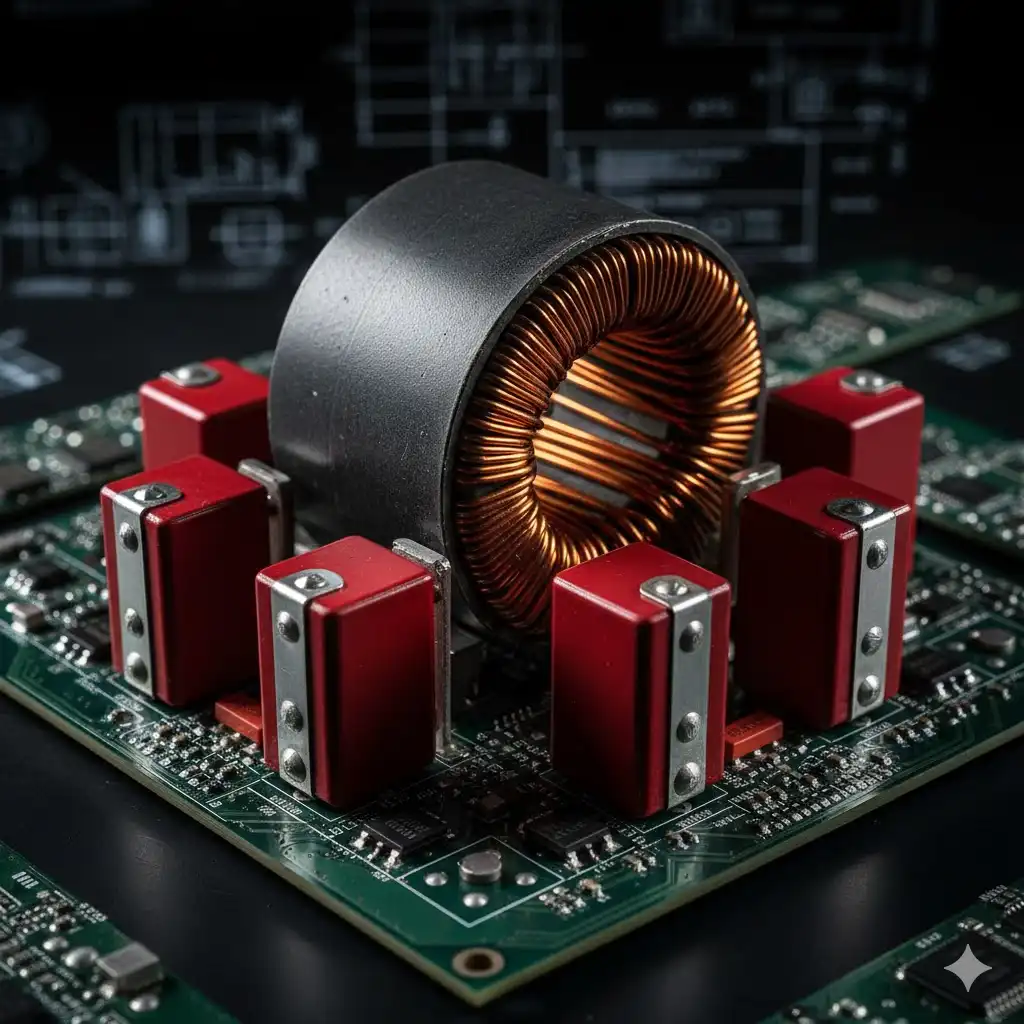 Close-up view of a high-frequency ferrite core transformer and resonant capacitors inside a DC/DC converter