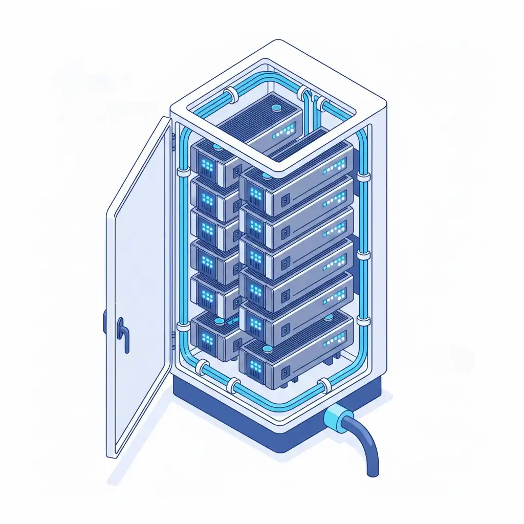 3D illustration of a modular DC fast charger architecture featuring multiple high-power sub-units stacked in parallel racks