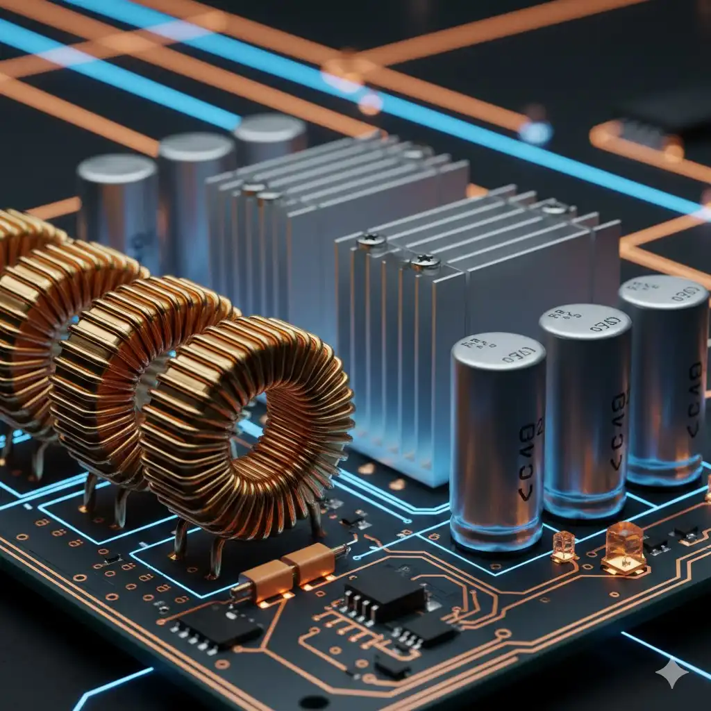 Macro photography of a high-power printed circuit board showing inductors and heat sinks for an active power factor correction module.
