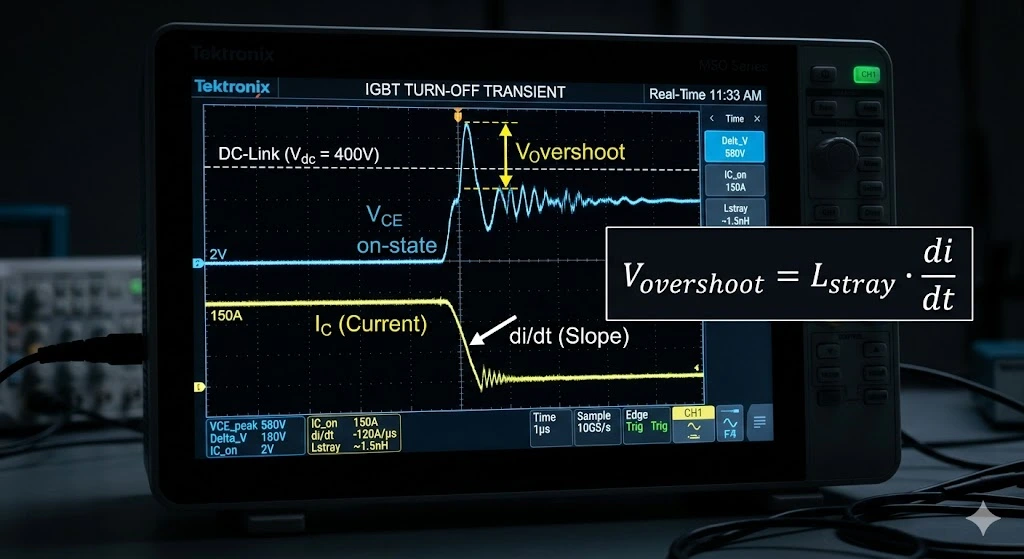 Oscilloscope waveform displaying an IGBT turn-off event, highlighting the transient voltage overshoot spike caused by stray inductance during high di/dt current commutation