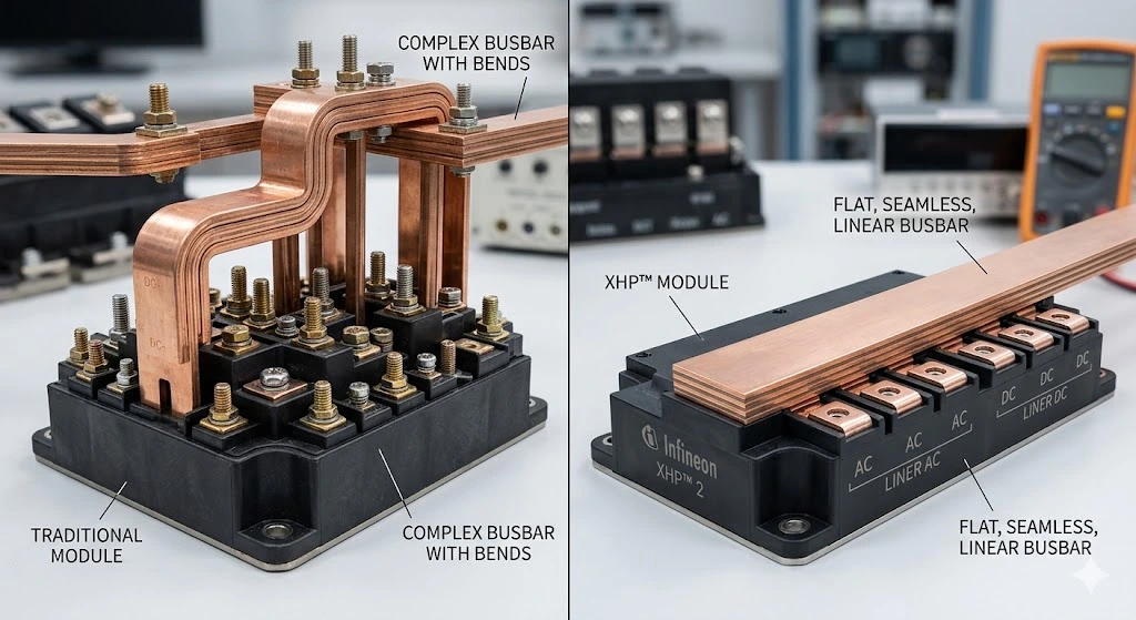 Comparison of traditional asymmetrical power module terminals versus the symmetrical linear layout of an XHP module