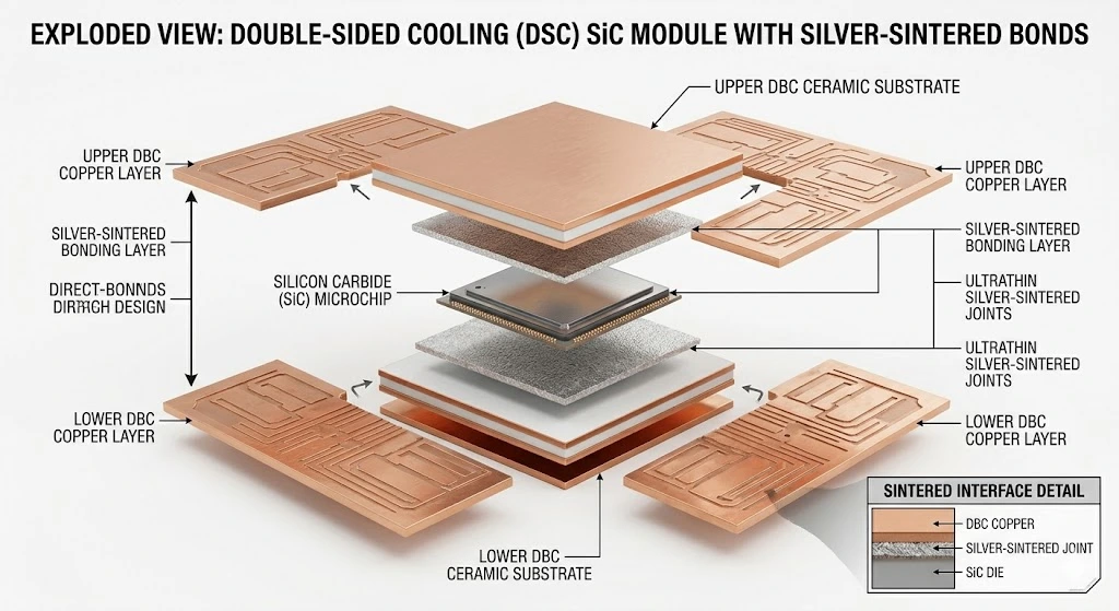 Exploded view diagram of a Double-Sided Cooling (DSC) power module, showing the elimination of wirebonds and the integration of top and bottom thermal substrates via silver sintering