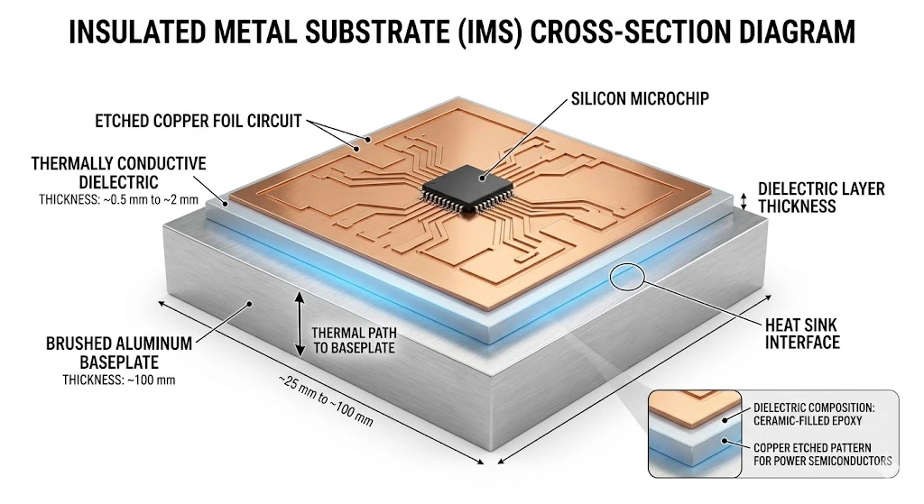 Cross-sectional architectural diagram of an Insulated Metal Substrate (IMS) showing the aluminum baseplate, ceramic-filled dielectric layer, and top copper foil
