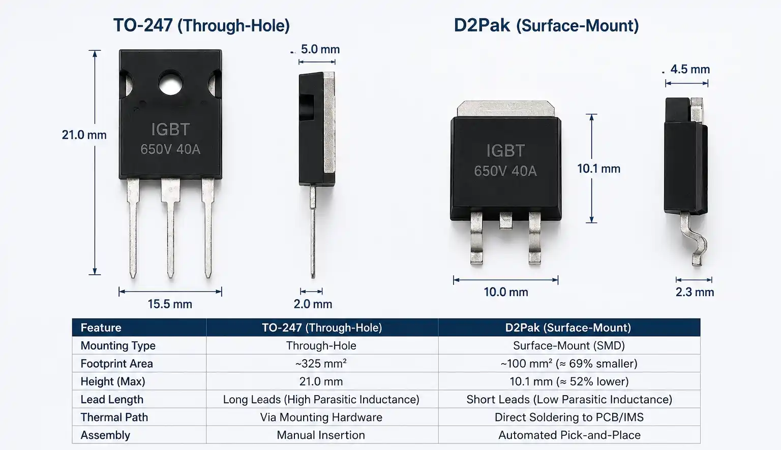 Comparison of TO-247 and D2Pak IGBT packages showing size, lead structure, and surface-mount versus through-hole assembly differences for welding inverter applications.