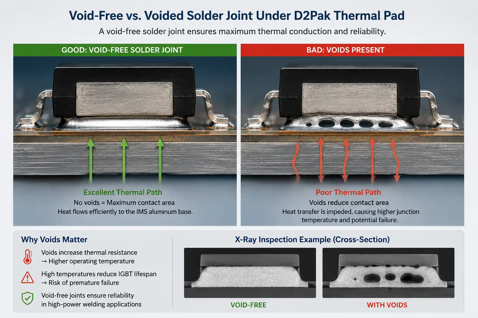 Comparison of void-free and voided solder joints beneath a D2Pak IGBT thermal pad on an insulated metal substrate, showing the impact on thermal conductivity and heat dissipation.