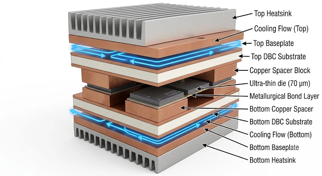 Cross-sectional schematic of a wirebond-less Double-Sided Cooling (DSC) power module, showing the top and bottom DBC substrates, copper spacers, and an ultra-thin 70 µm semiconductor die with planar metallurgical bonds and visible dual-side cooling fluid flow.