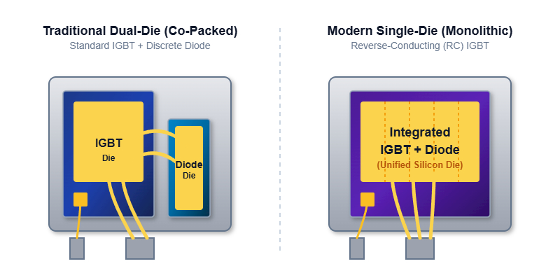 Comparison of internal die layouts between co-packed and monolithic RC-IGBTs