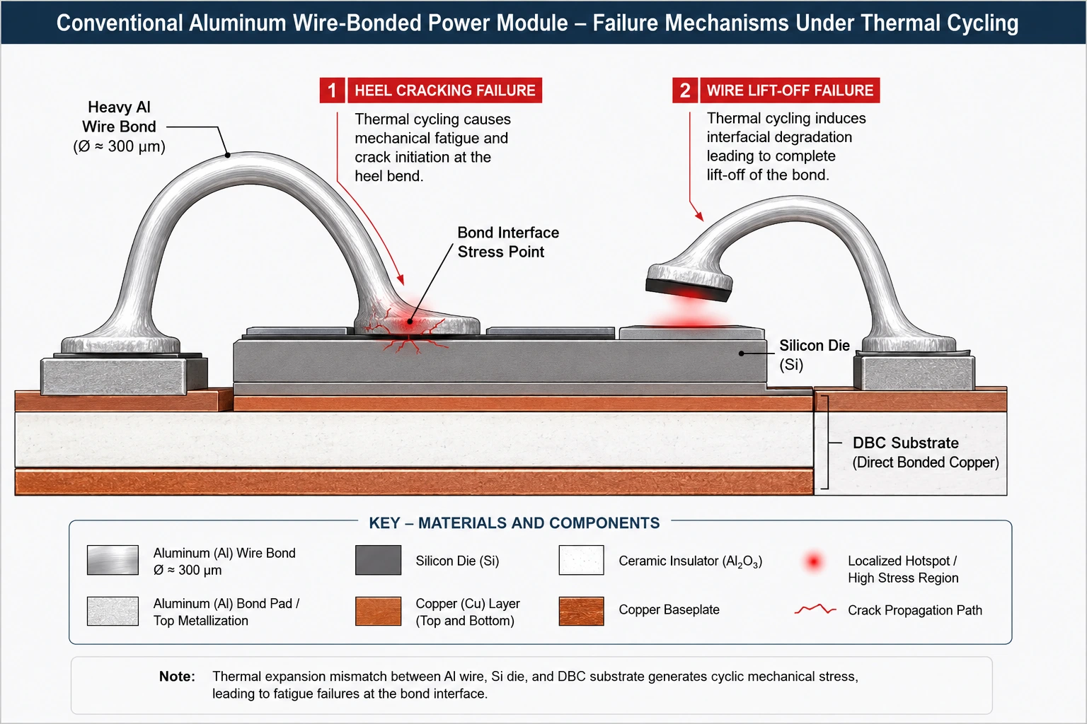Cross-sectional engineering diagram of a conventional wire-bonded power module showing two common thermal cycling failures: heel cracking at the wire bend and wire lift-off from the chip surface.