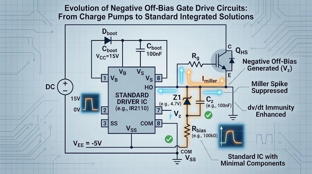 Oscilloscope waveforms comparing gate voltage spikes under zero volt off-bias showing false turn-on versus negative off-bias maintaining switching stability during high dv/dt transients