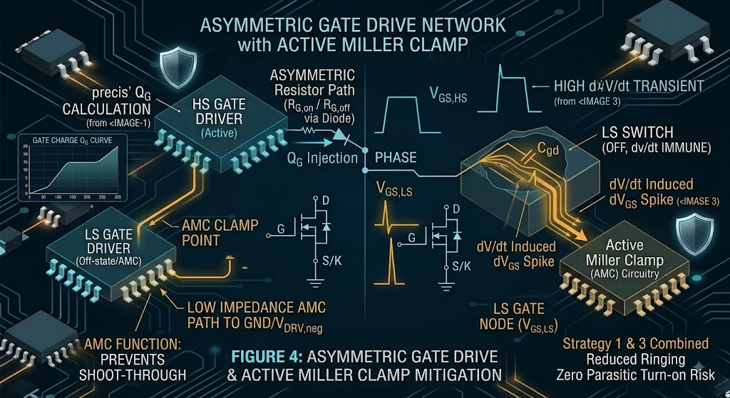 Figure 4: Asymmetric gate drive network utilizing split turn-on/turn-off paths and an Active Miller Clamp (AMC) circuit for robust noise suppression.