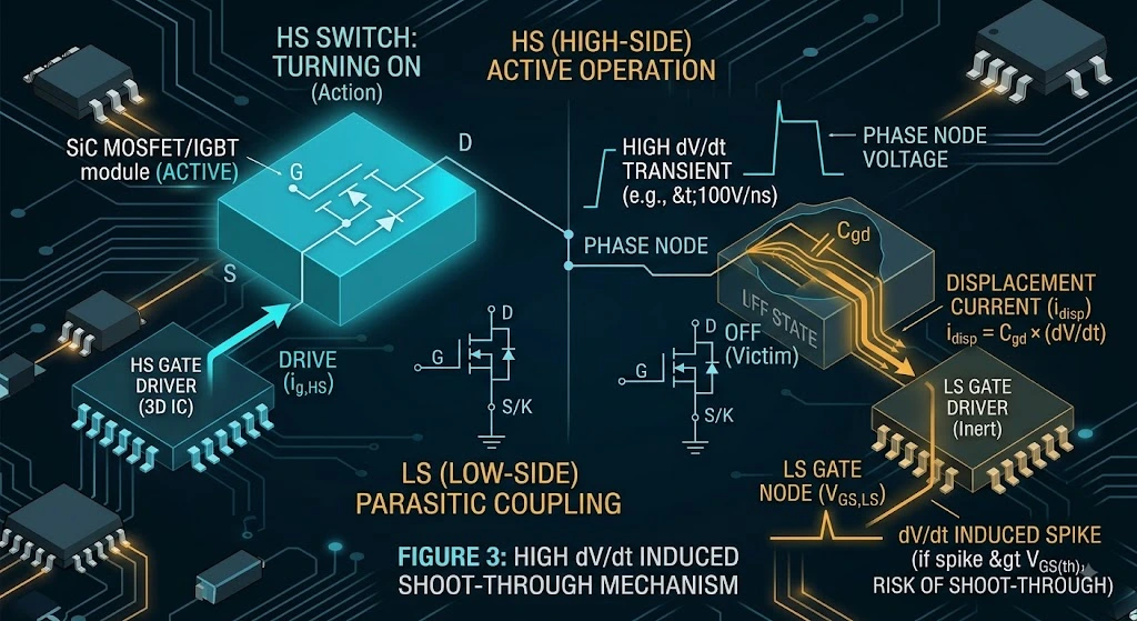 High dV/dt transient produced when the high-side switch turns on forces displacement current through the off-state low-side switch's Miller capacitance (Cgd), risking shoot-through.