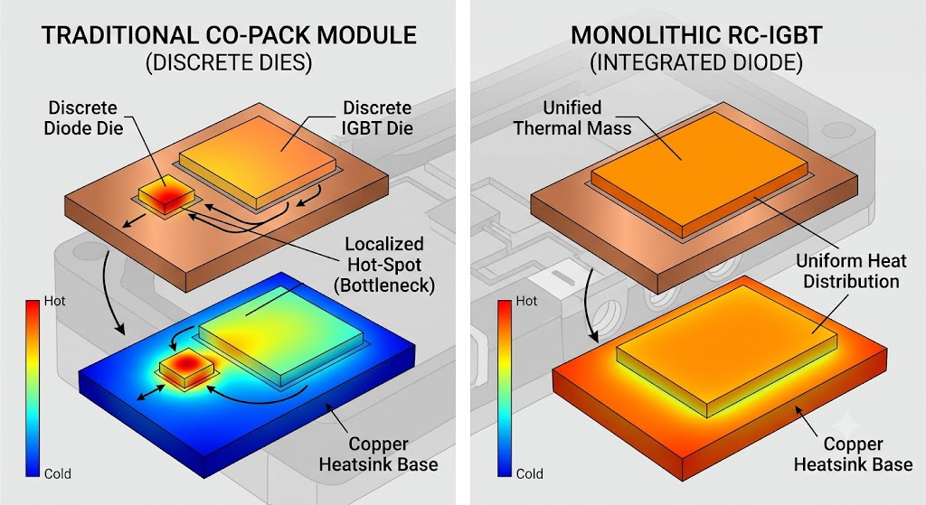 A technical infographic featuring two 3D thermal simulation panels. The left panel shows a severe localized hot-spot on the small discrete free-wheeling diode die in a traditional co-pack setup, while the large IGBT die remains cool. The right panel demonstrates the uniform heat distribution across a single, monolithically integrated RC-IGBT die, which uses its shared silicon volume to eliminate thermal hotspots and improve overall heat dissipation