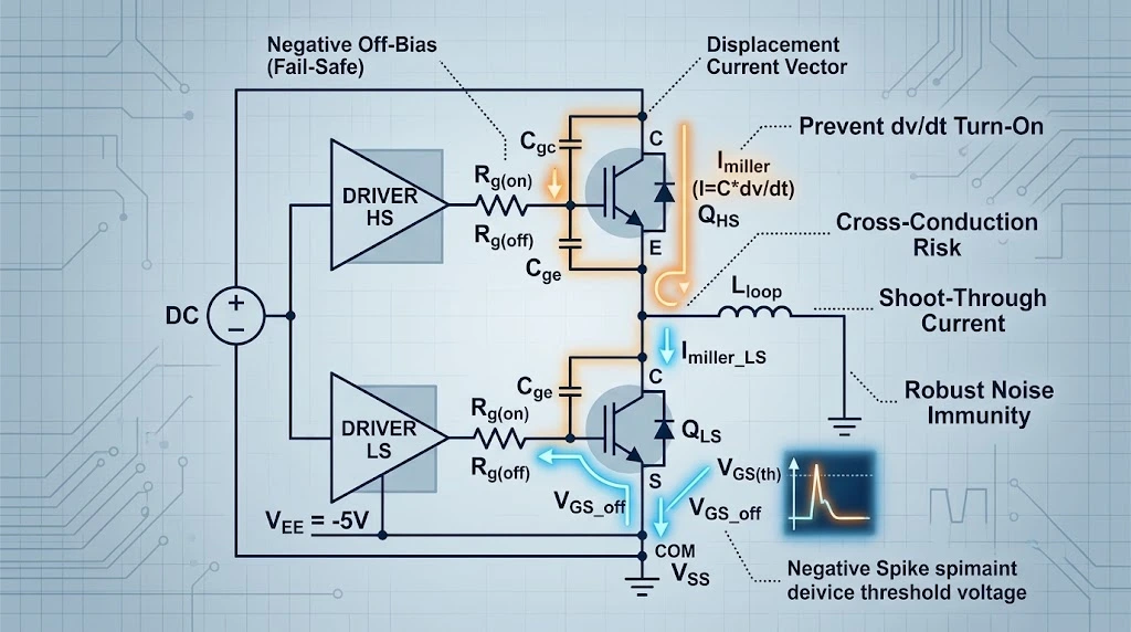 Conceptual schematic of a half-bridge topology showing negative gate bias preventing parasitic dv/dt turn-on and shoot-through current