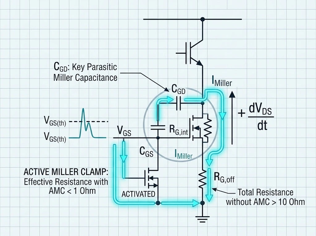 Conceptual schematic diagram illustrating the displacement current (IMiller) flow path through Cgd capacitance and the activation of an Active Miller Clamp to mitigate parasitic turn-on in an IGBT circuit.