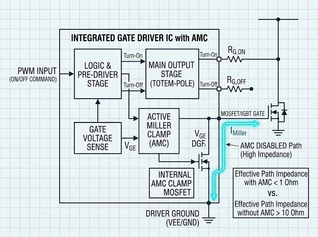 Functional block diagram of an integrated gate driver IC with Active Miller Clamp (AMC). The diagram illustrates how internal logic senses the power switch gate voltage and activates a dedicated internal MOSFET to clamp the gate to driver ground (VEE/GND) during the OFF-state, effectively suppressing Miller displacement current.