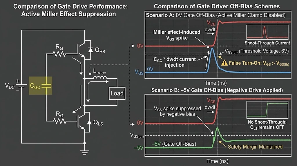 Oscilloscope waveforms comparing gate voltage spikes under zero volt bias versus negative off-bias during fast switching dv/dt transients
