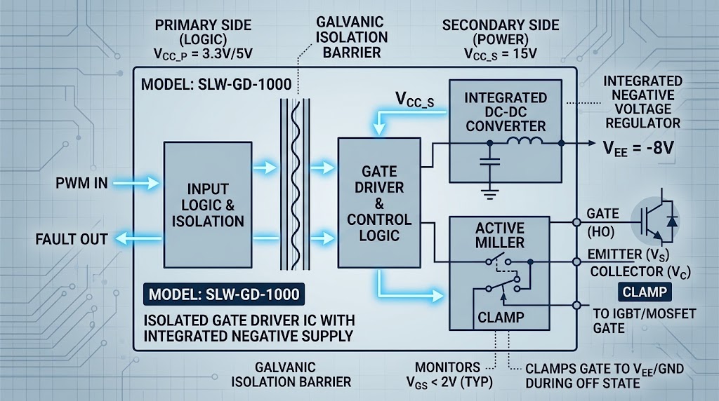 Functional block diagram of a modern isolated gate driver IC (SLW-GD-1000) featuring integrated isolated DC-DC negative voltage regulator, integrated active Miller clamping, and galvanically isolated primary and secondary power stages