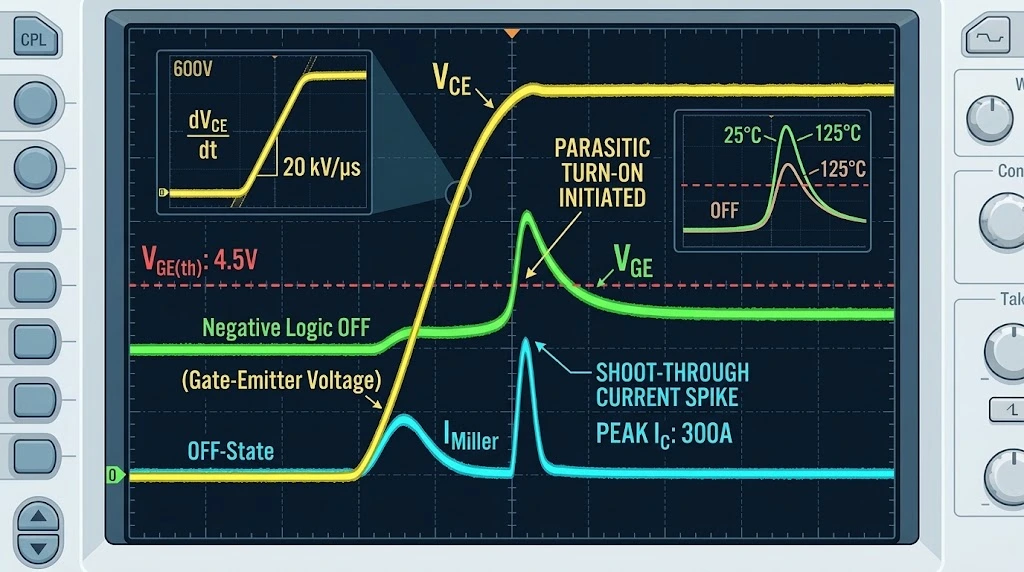 Detailed oscilloscope screen capture illustrating Miller Effect parasitic turn-on. It shows rapid Collector-Emitter Voltage (VCE) rise driving a Gate-Emitter Voltage (VGE) spike. Horizontal dashed red lines mark the high VGE threshold at 25°C (6.5V) and the reduced threshold at 125°C (4.5V). A zoomed insert focuses on the high-temperature case, where the VGE spike exceeds the 4.5V threshold, initiating a severe Collector Current (IC) shoot-through spike (300A).