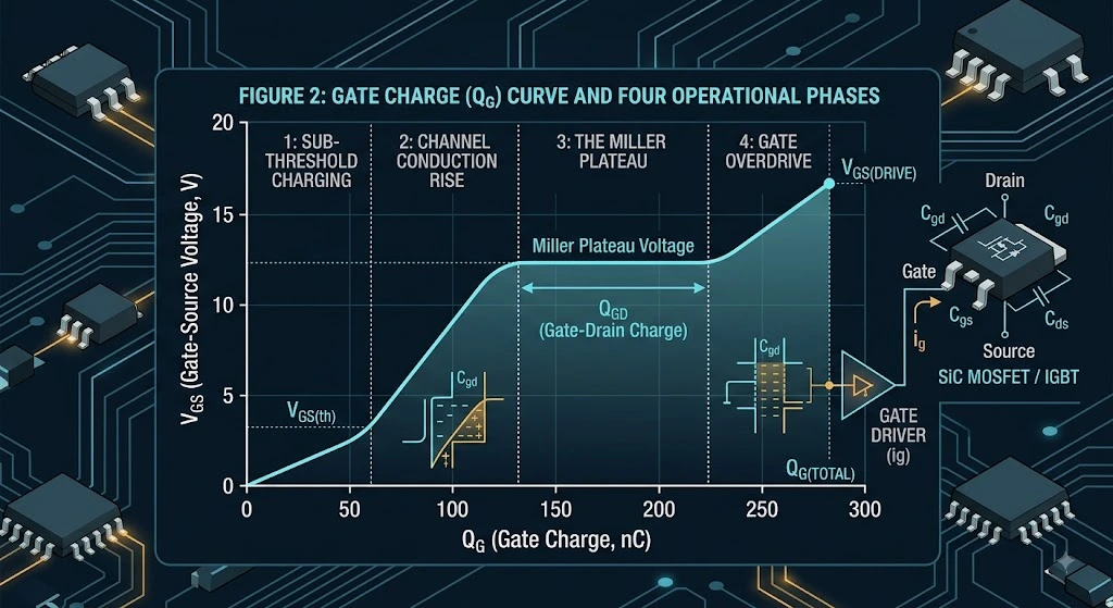 Detailed circuit diagram illustrating the parasitic turn-on mechanism in a half-bridge inverter, showing dV/dt displacement current flowing through Cgd and causing gate voltage spikes.