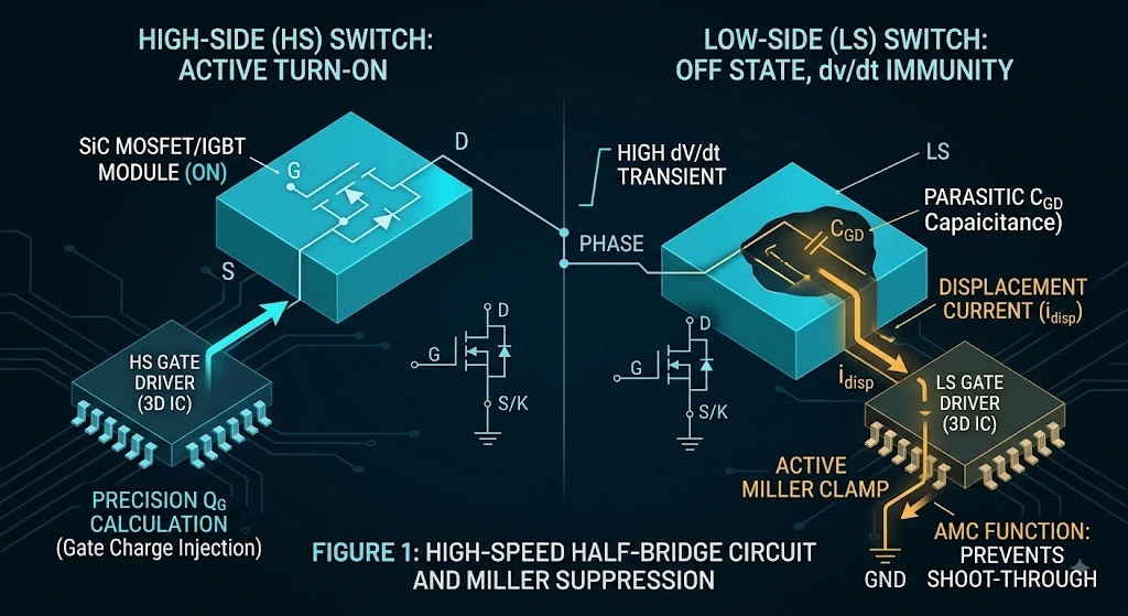 Overview diagram of precision gate drive mechanics, depicting high dv/dt transients, parasitic displacement currents, and gate charge dynamics.
