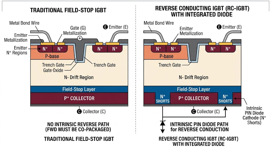A technical cross-sectional diagram comparing the silicon structure of a traditional Field-Stop IGBT to a Reverse Conducting IGBT (RC-IGBT). The comparison shows the distinct continuous P+ collector of the standard IGBT on the left versus the integrated collector of the RC-IGBT on the right, which features strategically implanted N+ shorts on the backside, forming the monolithically integrated diode for reverse conduction. Clear labels identify the emitter, gate, collector, N- drift region, field-stop layer, and N+ shorts