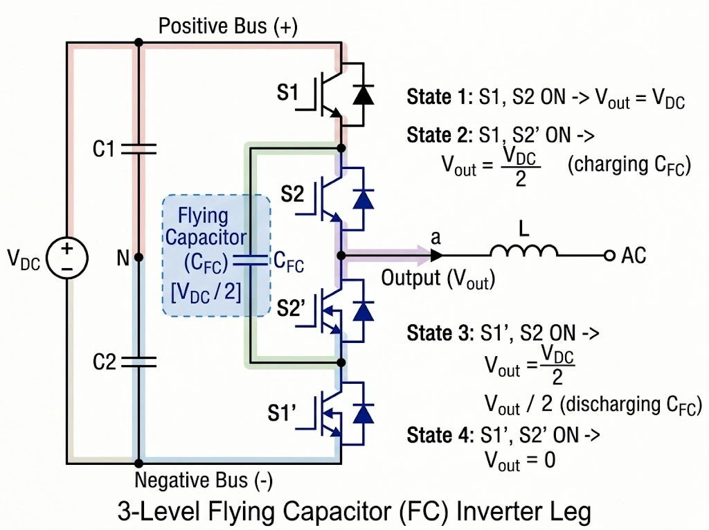Circuit schematic diagram of a 3-level Flying Capacitor (FC) inverter leg showing power switches S1, S2, floating capacitor CFC, and four switching operational states.