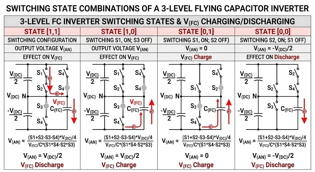 Technical diagram showing the switching state combinations of a 3-level Flying Capacitor inverter, illustrating intermediate voltage levels and the charging and discharging current paths of the flying capacitor CFC.