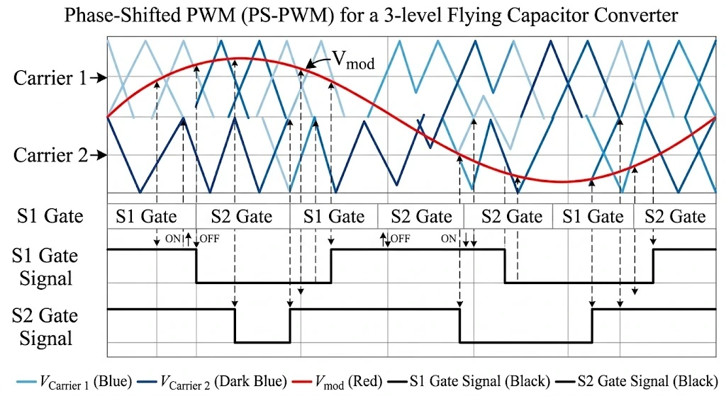 Waveform diagram showing Phase-Shifted PWM (PS-PWM) carrier configuration for a 3-level Flying Capacitor converter with 180-degree phase displacement between triangular carriers.