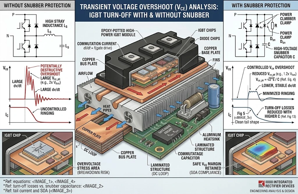 Transient voltage overshoots during IGBT turn-off with and without snubber protection