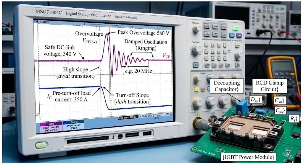 Oscilloscope waveform showing voltage overshoot and ringing during IGBT turn-off