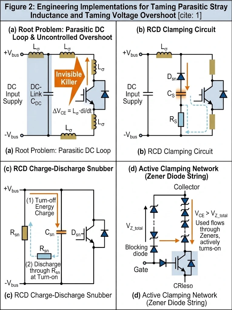 Circuit schematics of snubber networks and active clamping configurations