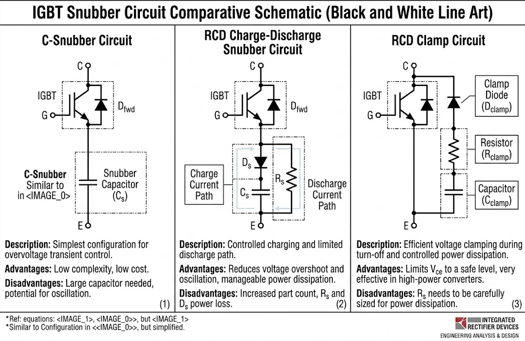 Schematic diagrams comparing Simple C-Snubber, RCD Charge-Discharge Snubber, and RCD Clamp Circuits